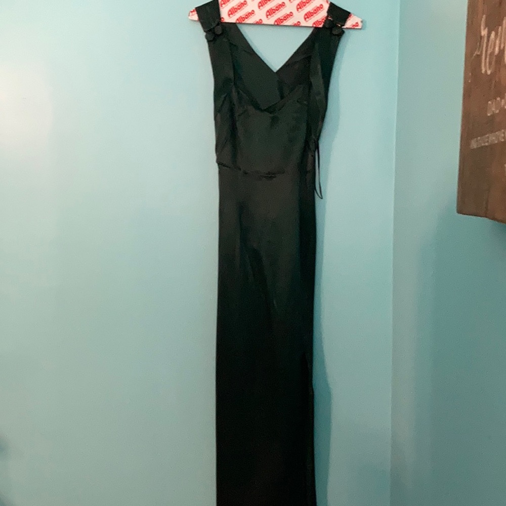 Emerald green satin full length dress with slit